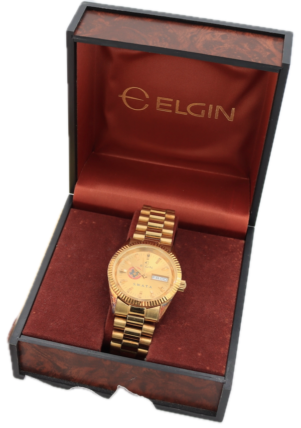 Vintage Elgin President Style w S.W.A.T.A Dial Men's Quartz Wristwatch Gold Tone