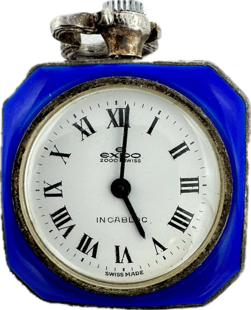 Antique Expo 2000 Blue Gilt Enamel Mechanical Pocket Watch Sterling Silver