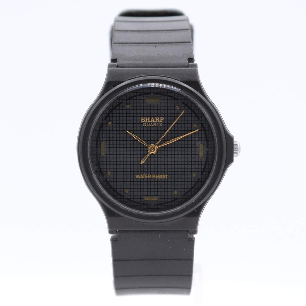 Vintage 34mm Sharp Black Dial Men's Quartz Wristwatch Japan PVD Coated Runs