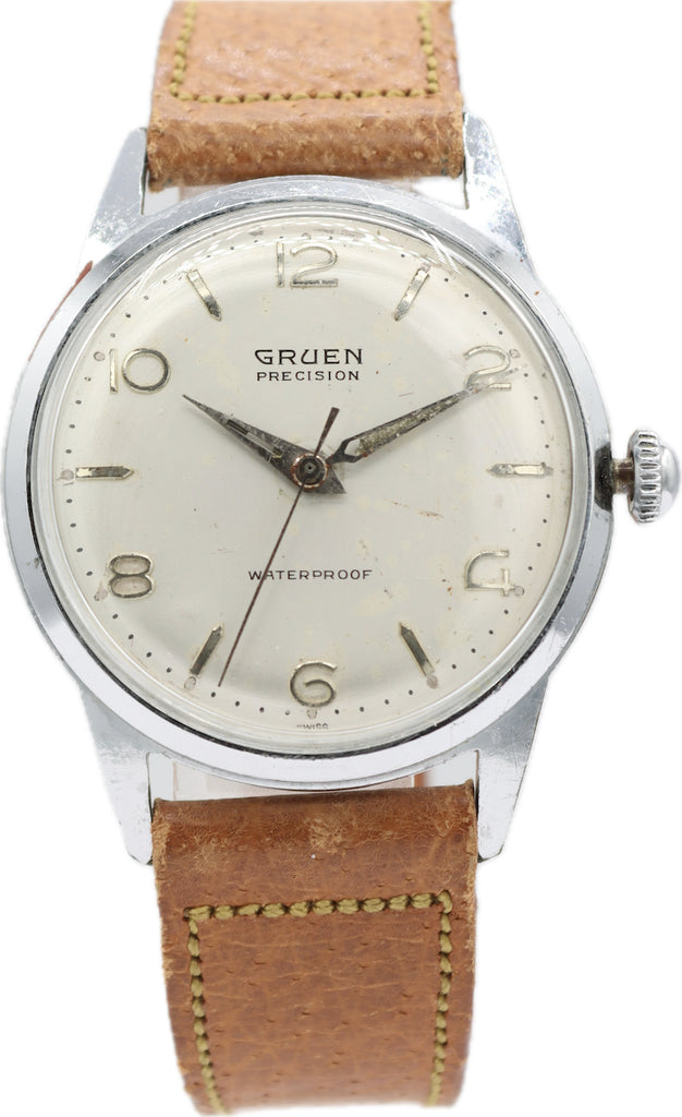 Vintage 33mm Gruen Precision Men's Mechanical Wristwatch 522 SS Swiss Steel