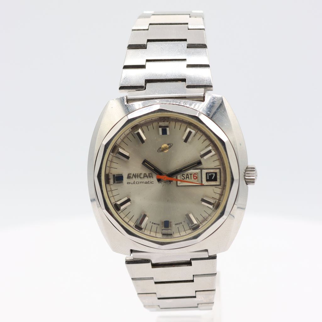 Vintage 39mm Enicar Day Date Men's Automatic Wristwatch Swiss Made Steel