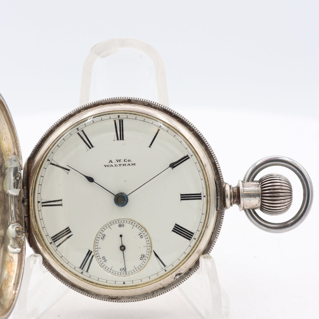 Antique 18s 1880 Waltham Engraved Hunter Pocket Watch Wm. Ellery Sterling Silver