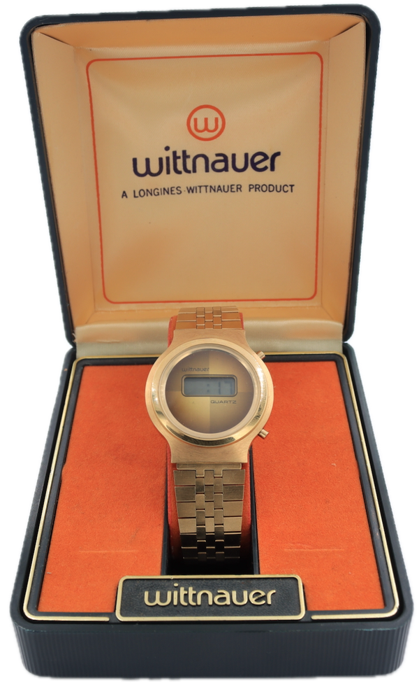 Vintage Wittnauer Yellow Hourglass Dial Men's LCD Wristwatch Gold Tonew/Box