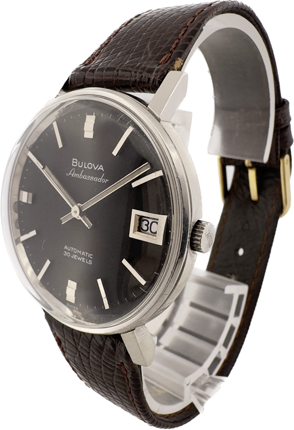Vintage Bulova 30 Jewel Men's Automatic Wristwatch Stainless Steel w Black Dial