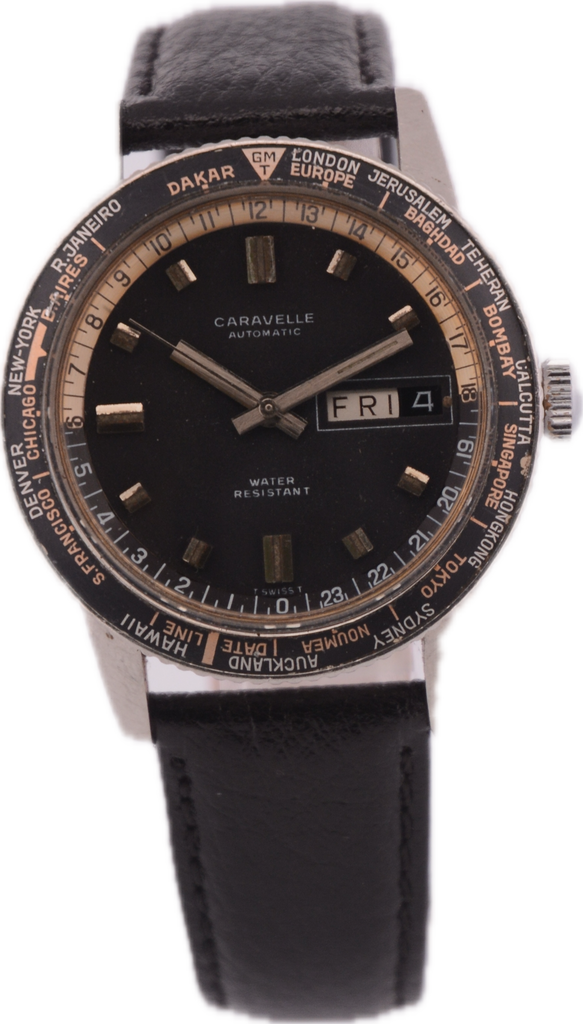 Vintage 37mm Caravelle World Time 17 Jewel Men's Automatic Wristwatch Steel