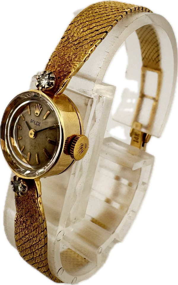 Vintage 14mm Rolex 1400 Ladies Mechanical Wristwatch 14k Gold w 2 Diamonds