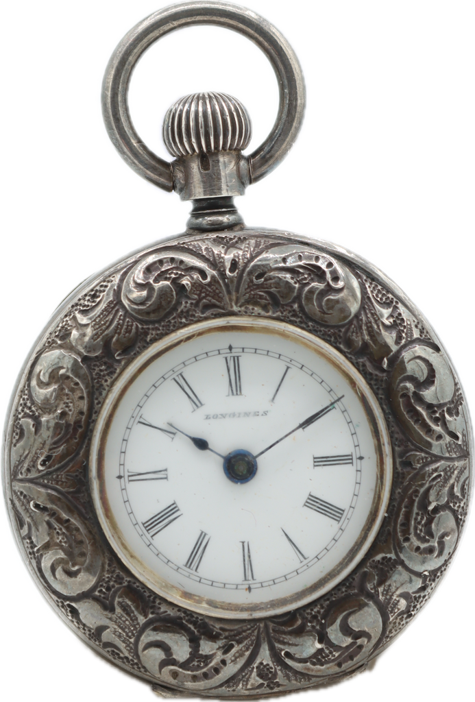 Antique Longines Repousse Knight Mechanical Lever Set Pocket Watch .935 Silver