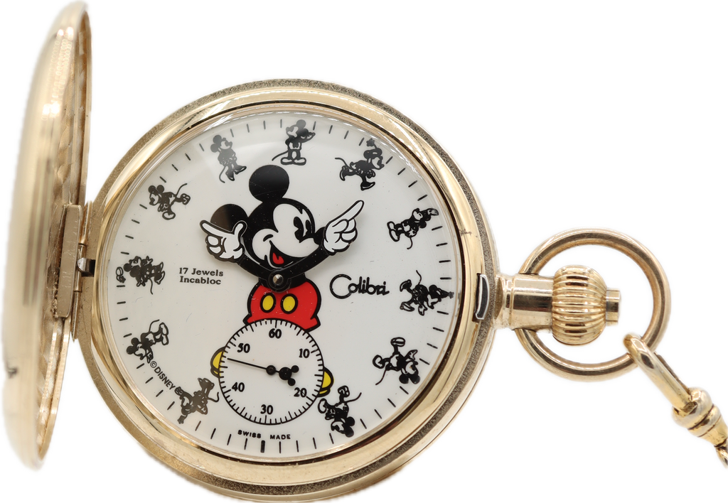 Vintage Colibri Mickey Mouse Pocket Watch UT 6498 Limited w Wood