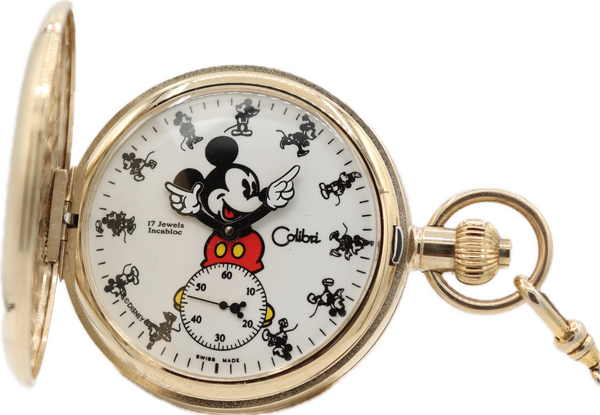 Vintage Colibri Mickey Mouse Pocket Watch UT 6498 Limited w Wood Box