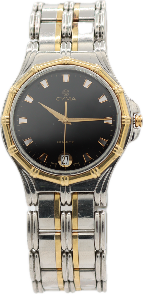 Vintage 35mm Cyma Men's Quartz Wristwatch Swiss Made Steel & 18k Gold Bezel