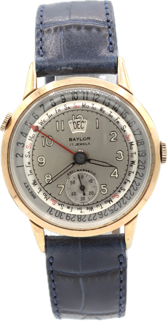Vintage 34mm Baylor Date Pointer 17 Jewel Men's Wristwatch Swiss Gold Plated