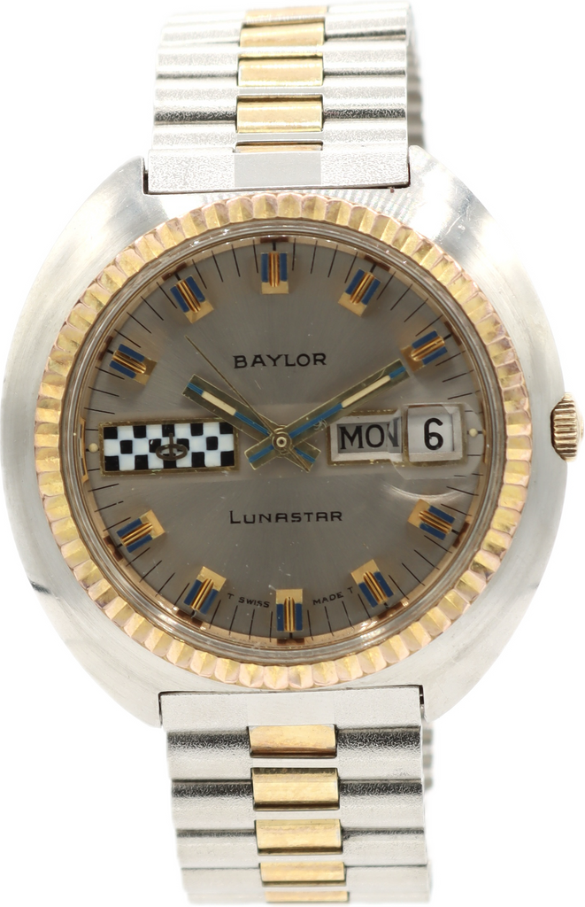 Vintage 39mm Baylor Lunastar 17J Men's Wristwatch Swiss Steel w Original NSA Band