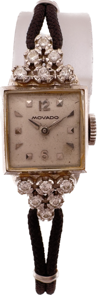 Vintage Movado Ladies Mechanical Wristwatch Swiss 14k White Goldw 12 Diamonds
