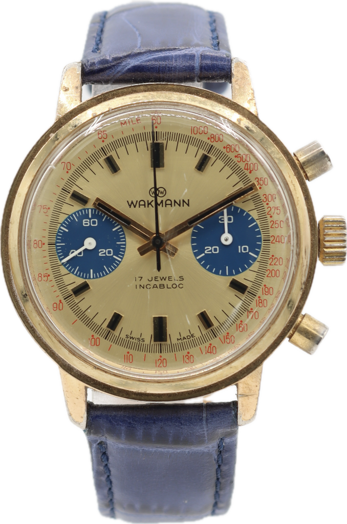 Vintage 37mm Wakmann Men's Chronograph Wristwatch Valjoux 236 w Blue Subs