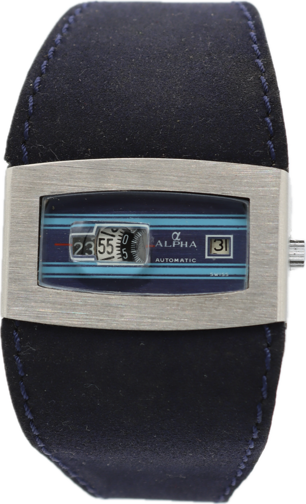 Vintage Alpha 10567 Digital Jump Hour Men's Automatic Wristwatch Steel #2 NOS