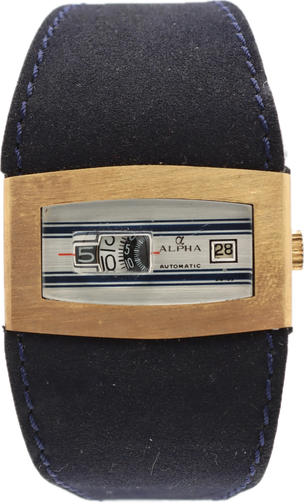 Vintage Alpha 10567 Digital JumpHour Men's Automatic Wristwatch Gold Tone #3 NOS