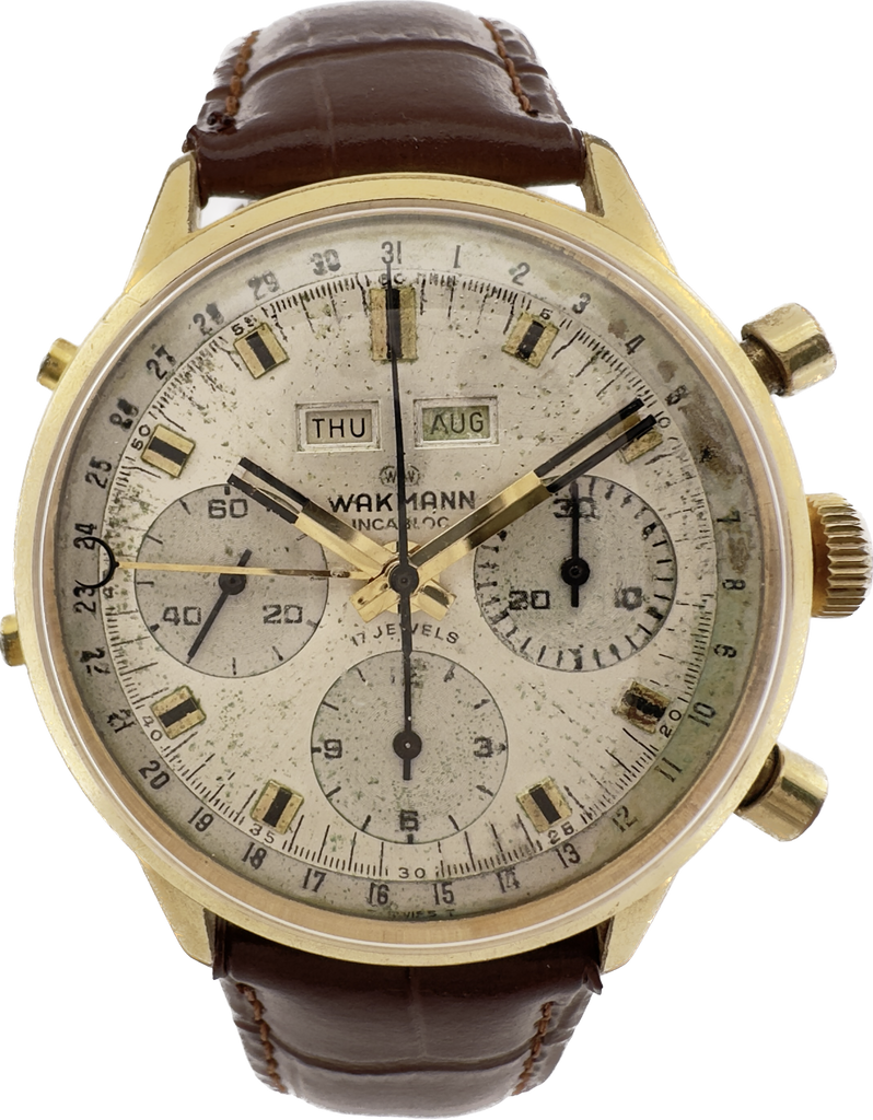 Vintage Wakmann Triple Date Three Reg. Men's Chronograph Wristwatch Valjoux 730