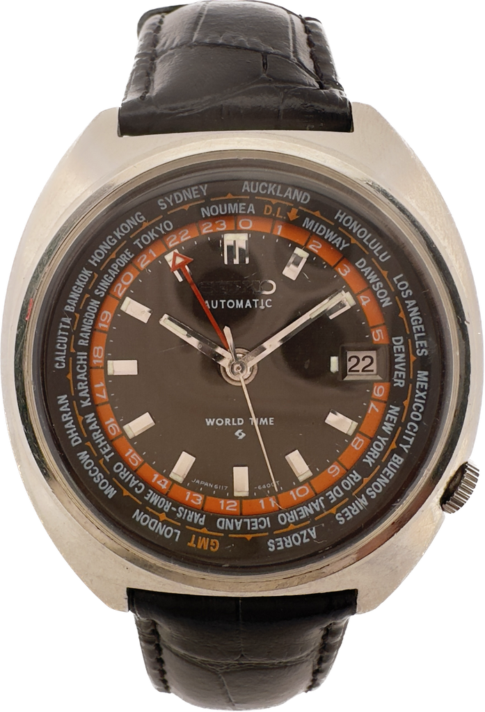Vintage Seiko World Time Men's Automatic Wristwatch 6117-6049 Steel w Black Dial