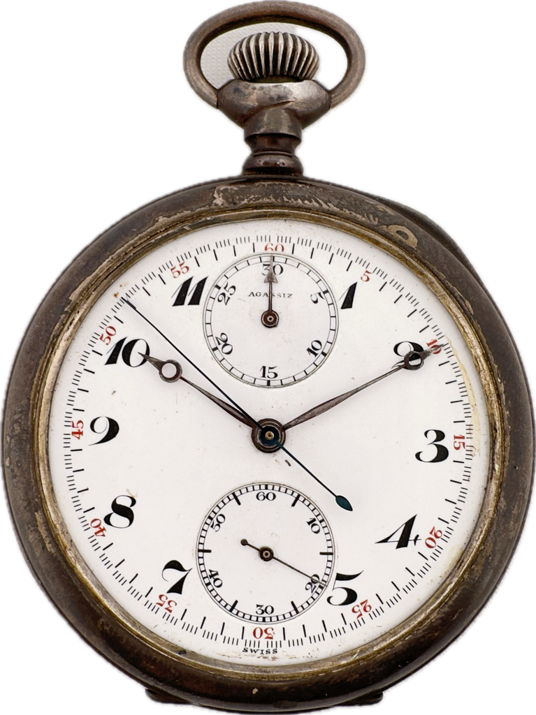 Antique Agassiz 18 Jewel Chronograph Pocket Watch Sterling Swiss High Grade