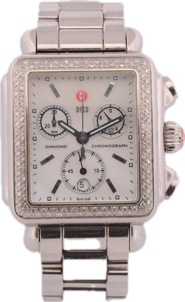 33mm Michele Deco Chronograph Diamonds Ladies Quartz Wristwatch Stainless