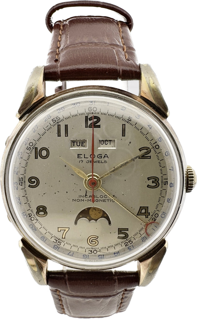 Vintage 36mm Eloga Triple Date Moonphase Men's Mechanical Wristwatch Swiss Runs