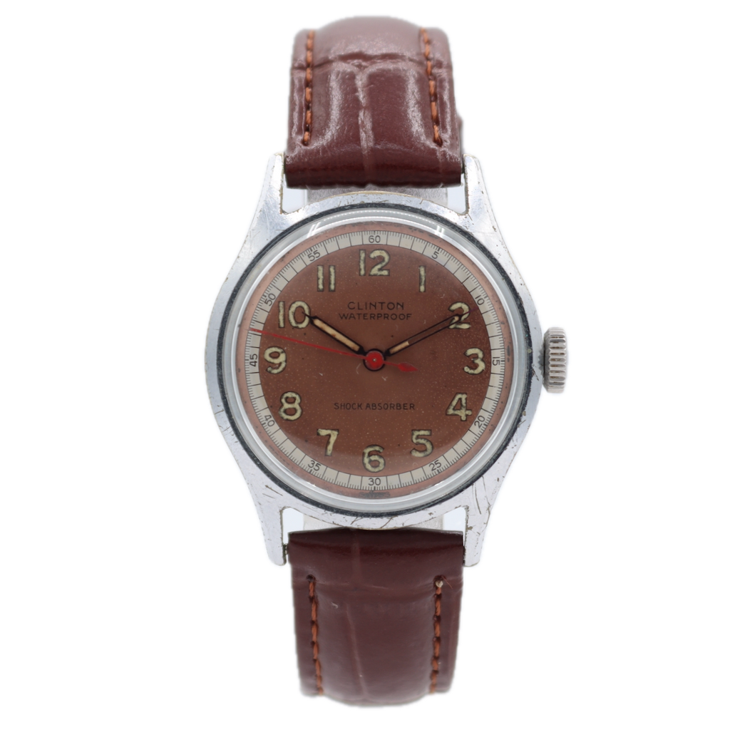 Vintage Clinton Salmon Dial Men's Mechanical Wristwatch Swiss Steel Military