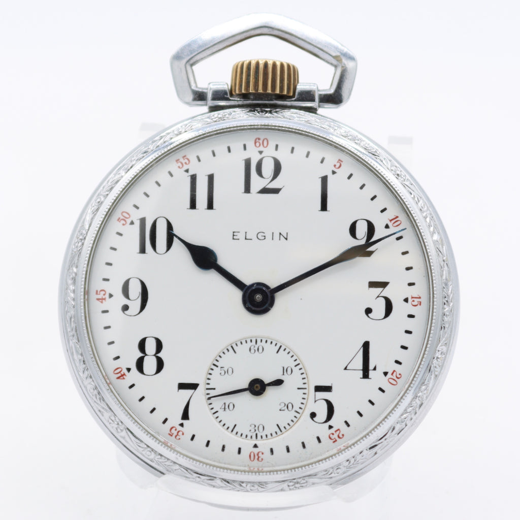 Vintage 18s 1943 Elgin Art Deco 9 Jewel Mechanical Pocket Watch 594 Chrome