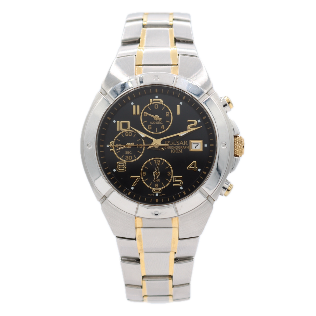 Vintage 42mm Pulsar YM92-X110 Two-Tone Men's Chronograph Wristwatch Japan
