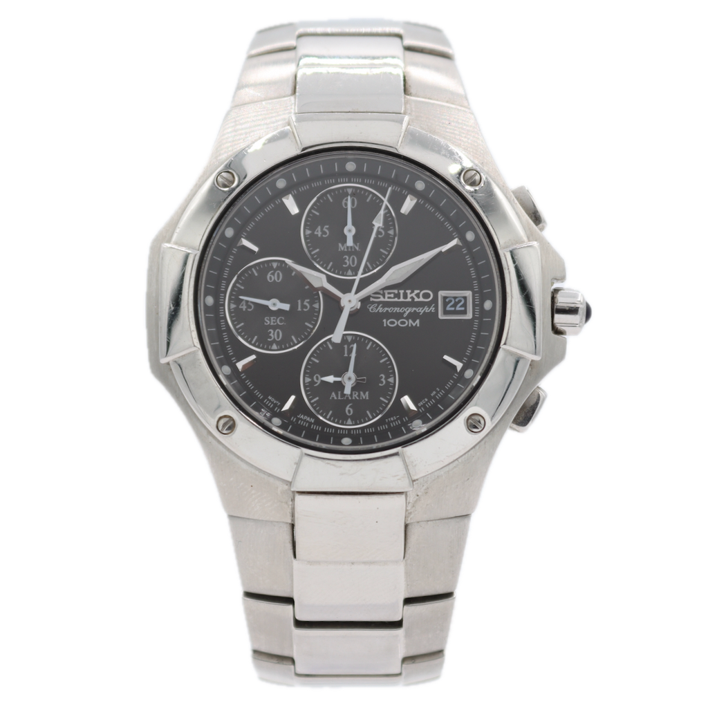 40.5mm Seiko 7T62-0DP0 Black Men's Quartz Chronograph Wristwatch Japan Steel