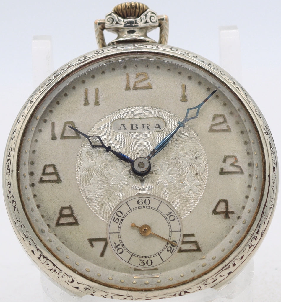 Antique Abra Floral Dial Mechanical Open Face Pocket Watch Nickel Swiss