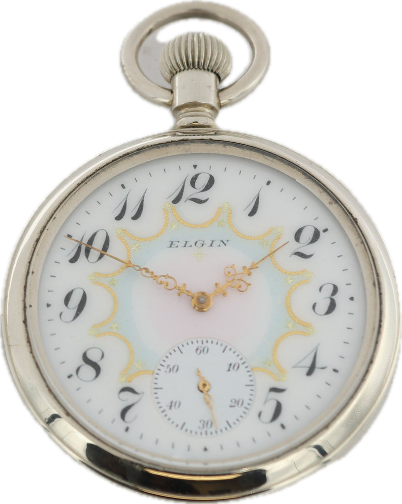 Antique 16S Elgin Salesman w Fancy Multicolor Dial Pocket Watch Grade 387