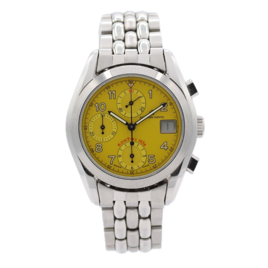 37mm Eterna Kontiki 1958 Yellow Dial Men's Chronograph Wristwatch Swiss Steel