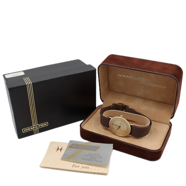 1986 Hamilton Linen Dial Men's Quartz Wristwatch ETA 955.112 Gold Tone W/Box