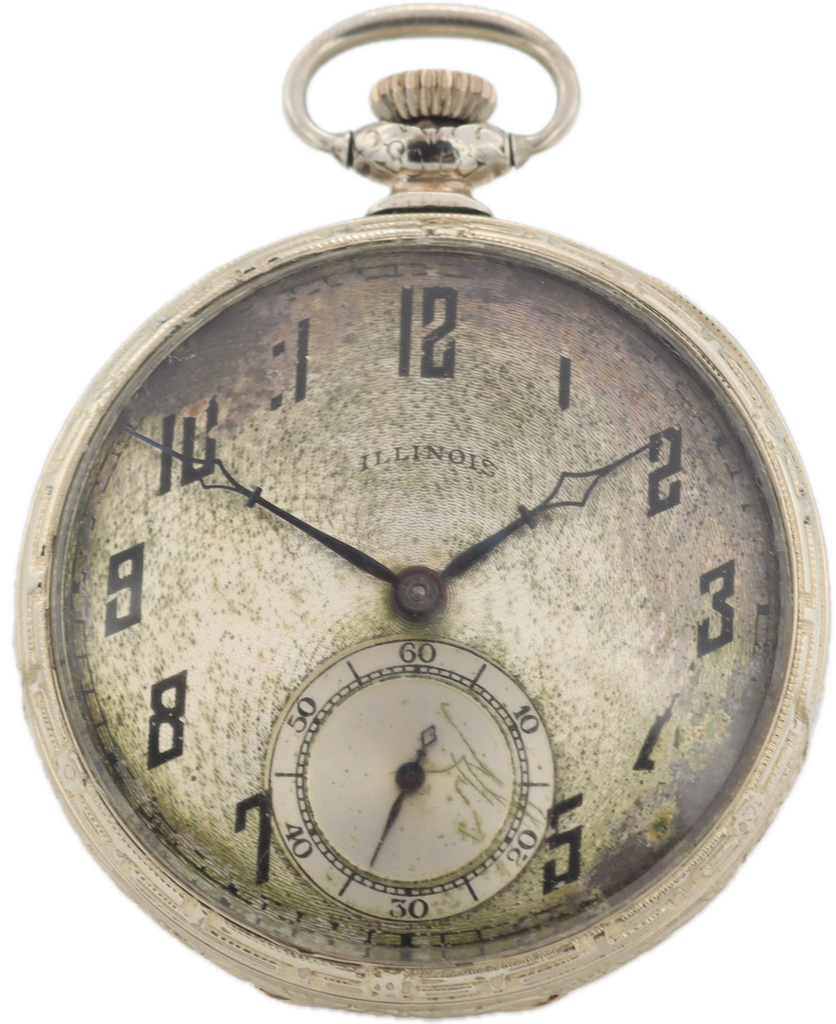 Antique 12s 1922 Illinois Guilloche Dial Pocket Watch 405 18k White GF USA