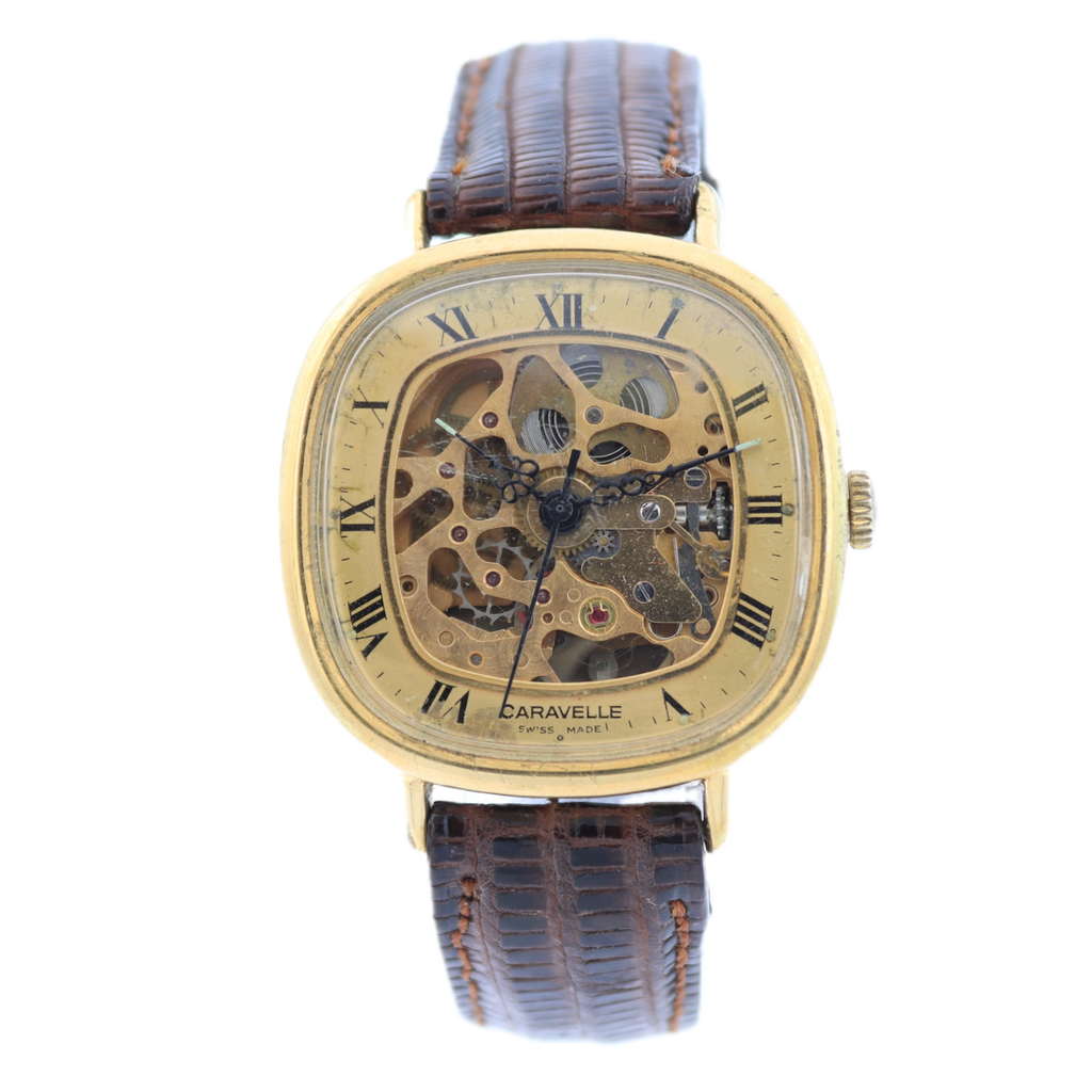 Vintage Caravelle Skeleton Dial Men's Mechanical Wristwatch Swiss Gold Tone 3