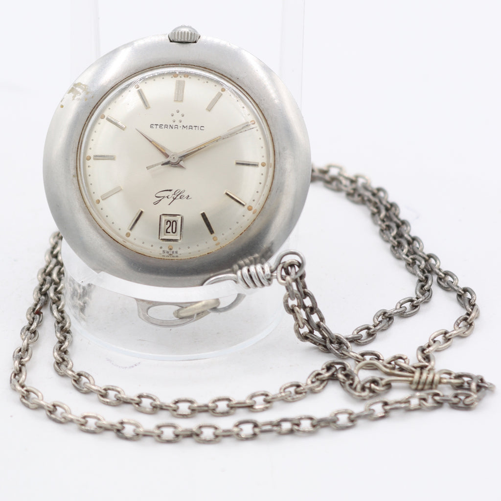1964 Eterna-Matic Golfer Automatic Pendant Watch 1424UD Date Steel Swiss Runs
