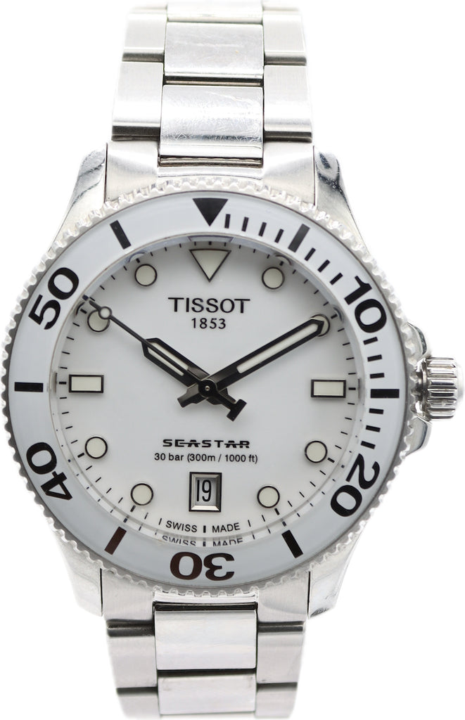 36mm Tissot Seastar Unisex Quartz Wristwatch Swiss Made Stainless Steel White