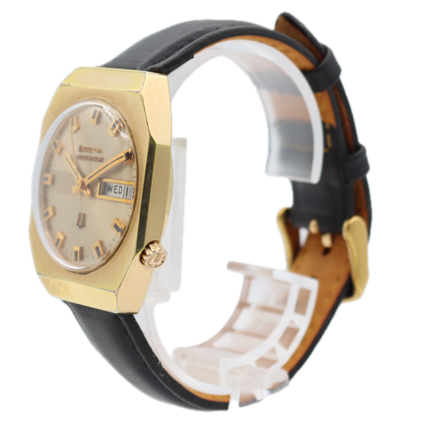Vintage Bulova Sunburst Day Date Men's Tuning Fork Wristwatch 218 2 10k RGP