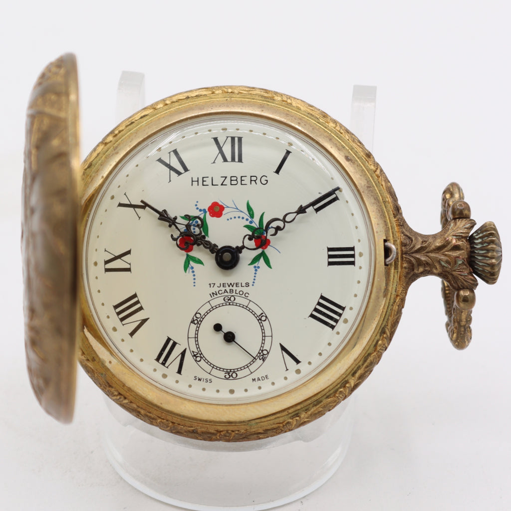 Vintage Helzberg Hunting Scene Mechanical Hunter Pocket Watch Unitas 6498 Swiss