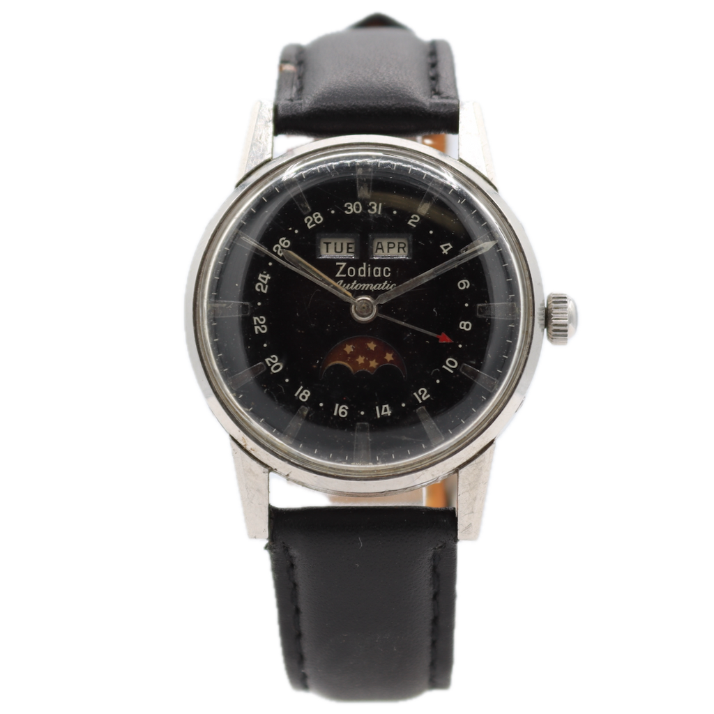 Vintage 34mm Zodiac Triple Date Moonphase Men's Automatic Wristwatch 74 Steel