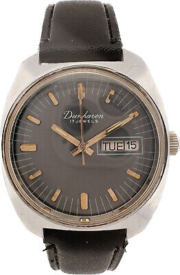 Vintage Dunhaven 17J Men's Mechanical Wristwatch UT 3 Steel Day & Date wBlueDial