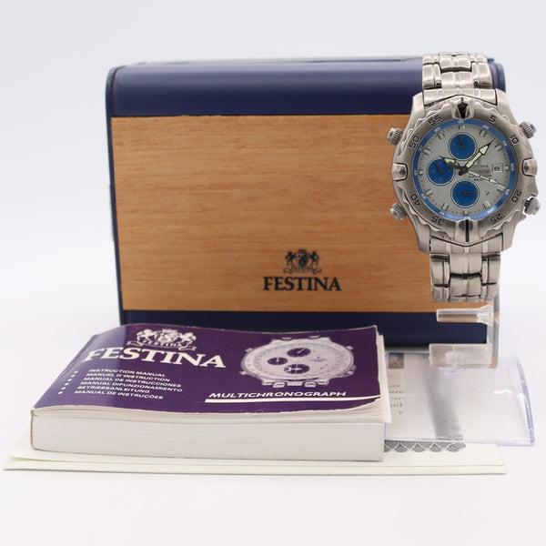 40mm Festina 6574 Alarm Date Men's Quartz Chronograph Wristwatch Titanium W/Box