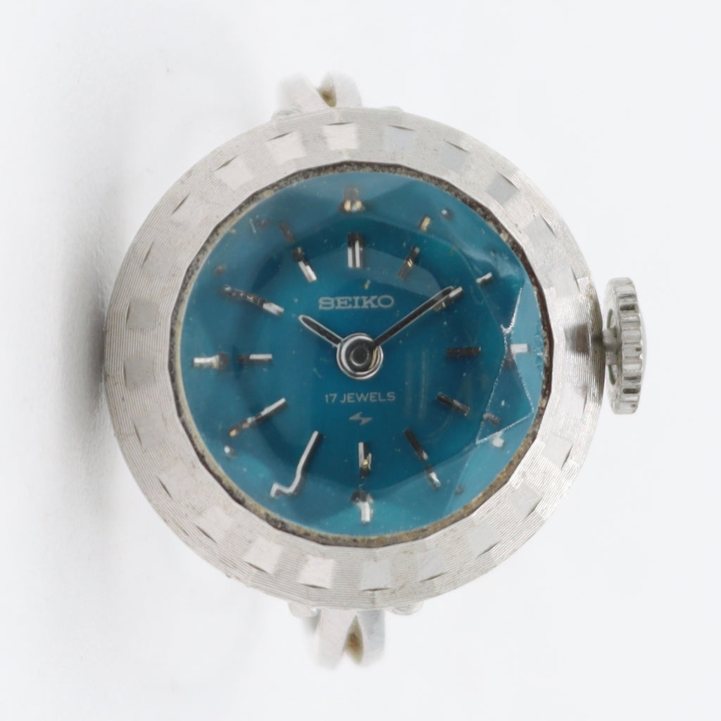 Vintage Seiko Blue Dial Ladies Mechanical Ring Watch Japan White Gold Plated