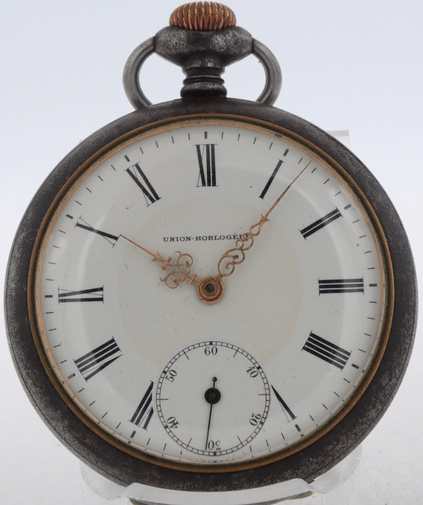 Antique Union-Horlogere Depose Mechanical Pocket Watch w/ Box PVD Swiss