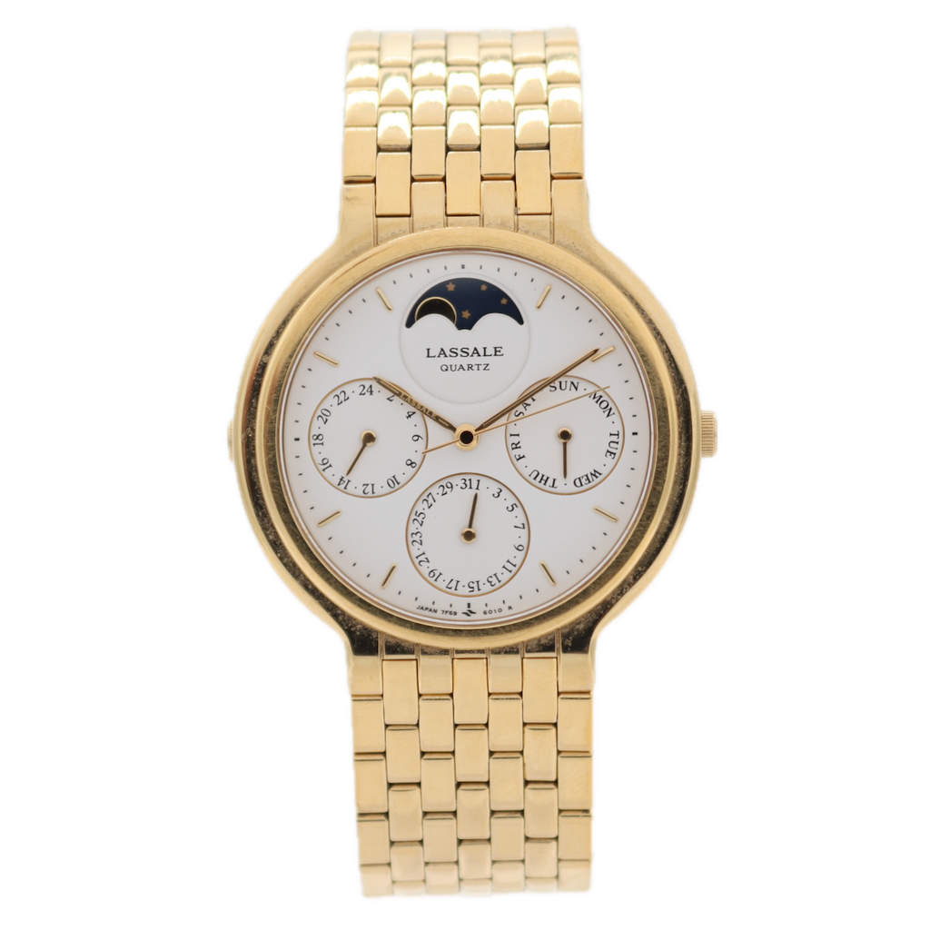 34mm Lassale 7F69-6029 Moonphase Triple Date Men's Quartz Wristwatch Near Mint