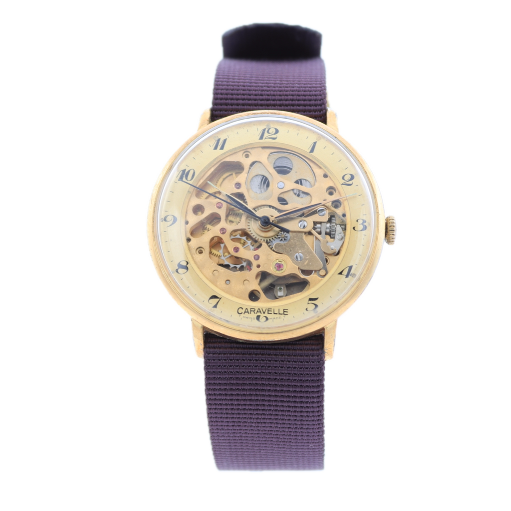 Vintage Caravelle Skeleton Dial Men's Mechanical Wristwatch Swiss Gold Tone 2