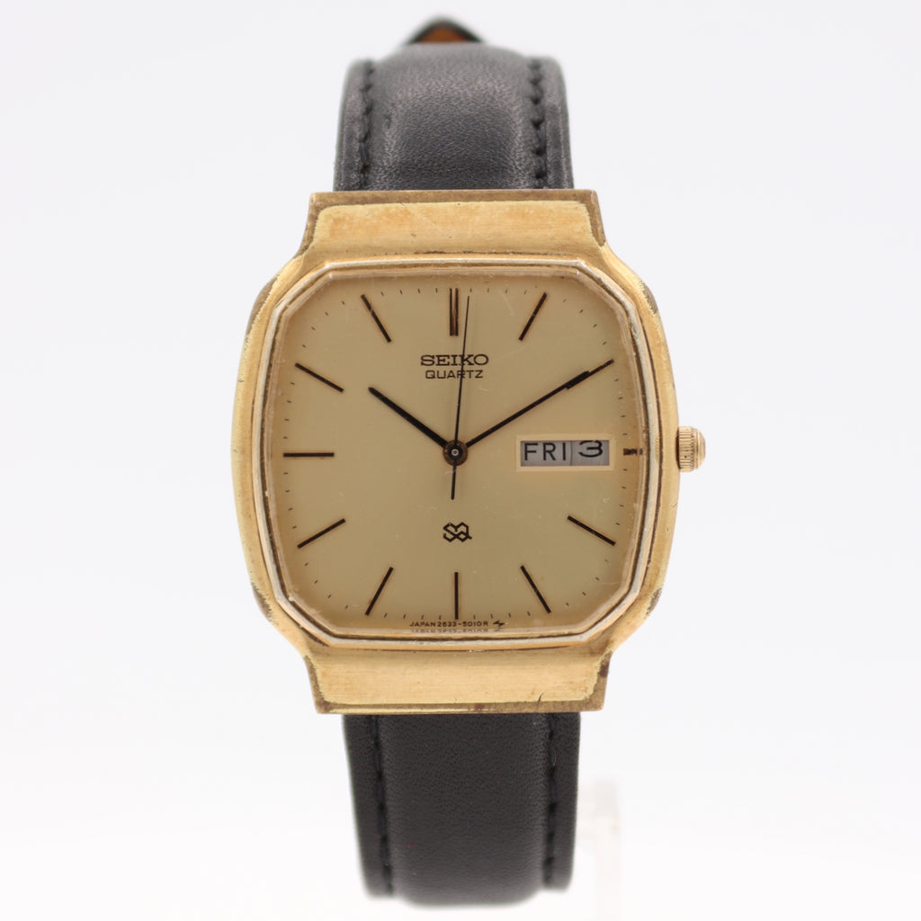 Vintage 34mm Seiko 2633-5010 Day Date Men's Quartz Wristwatch Japan Gold Plated