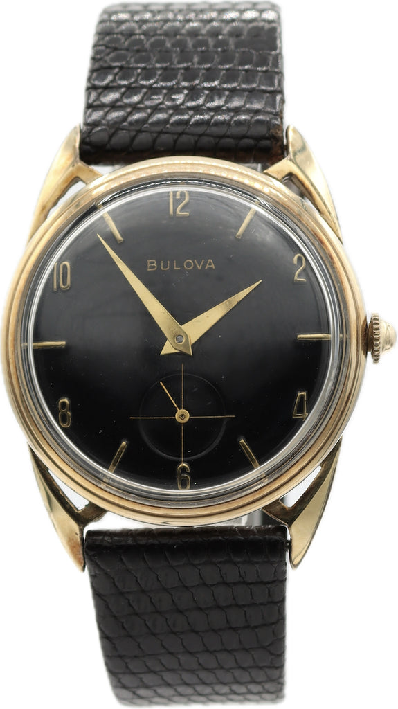 Vintage 32mm Bulova Hollow Lug Men's Mechanical Wristwatch 10k RGP w Black Dial
