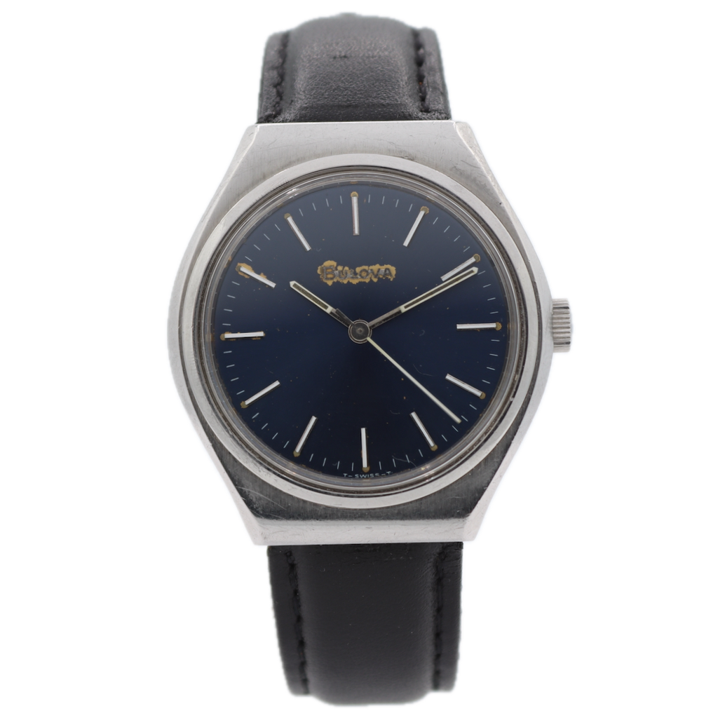 Vintage 35mm 1979 Bulova Royal Blue Dial Men's Mechanical Wristwatch Swiss Steel