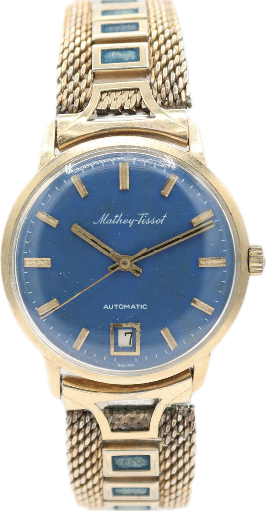 Vintage 33mm Mathey-Tissot Blue Dial Men's Automatic Wristwatch 10k Gold Filled